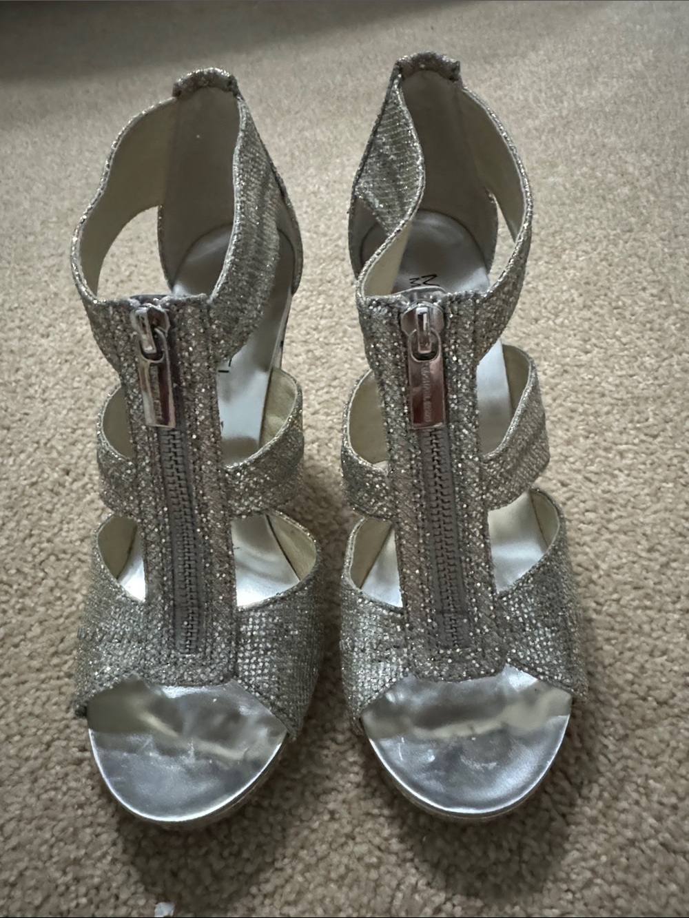 MICHAEL Michael Kors Silver Glitter Zip-Front Strappy Heels